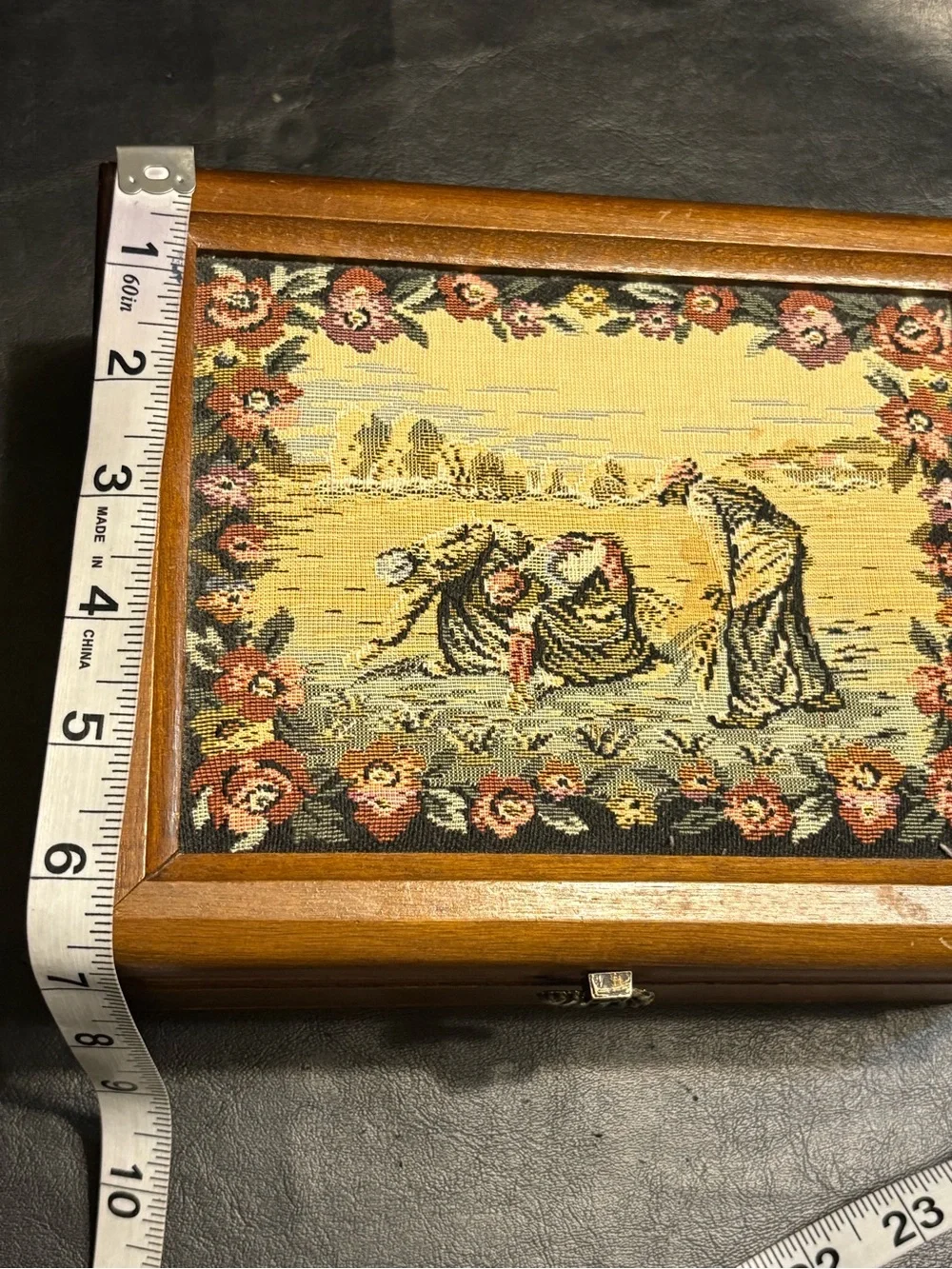 Vintage Wooden Jewelry Box Tapestry Pastoral Ladies Mirror Yellow Velvet Inter.
